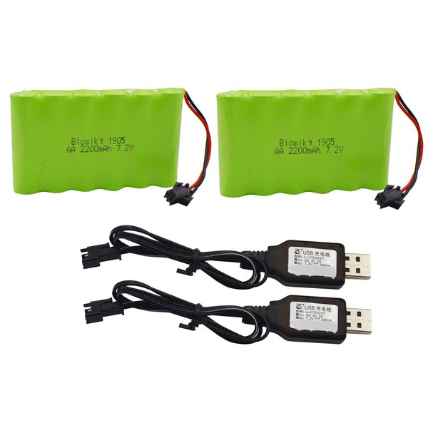 Blomiky 2 Pack 7.2V 2200mAh Ni-MH Rechargerable Battery with SM-2P Plug Connector and USB Charger Cable for RC Cars Vehicles Truck 7.2V NiMh 2