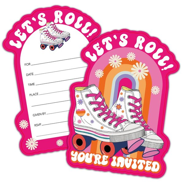 RZHV 15 Pack Roller Skating Shaped Fill-In Party Invitations Cards With Envelopes for Boys & Girls Teens Adults, Funny Boys & Girls Sports Party Baby Shower Birthday Party Invite(Let's Roll)
