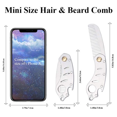 Stainless Steel Metal Hair & Beard Comb, AhfuLife Multifunctional Folding EDC Pocket Comb With Bottle Opener Fits In Keychain - Anti-Static Hair & Beard Care Comb Mustache Comb - Presented in Gift Box