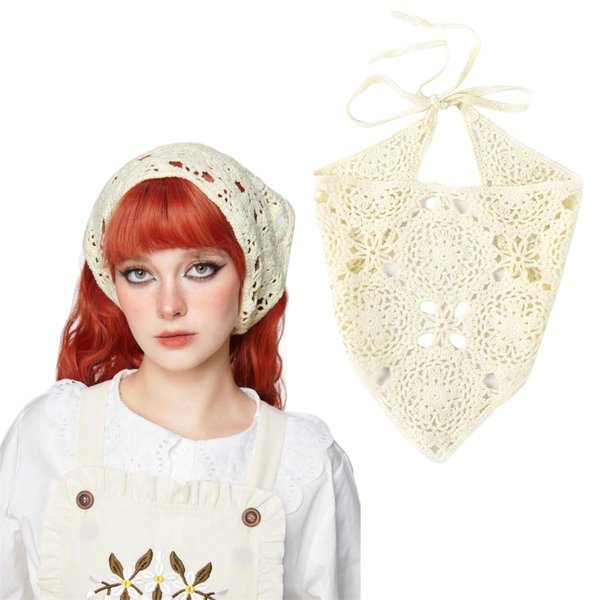 ClawsandPaws Crochet Bandanas Headbands Hairbands Head Hair Scarf Knitted Floral Strawberry Mushroom Hair Accessories for Hair Styling Festival Holiday (Ivory White)