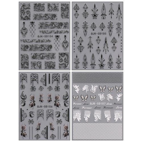 JMEOWIO 3D Embossed Black White Flower Nail Art Stickers Decals Self-Adhesive Pegatinas Uñas 5D Leaves Lace Nail Supplies Nail Art Design Decoration Accessories 4 Sheets