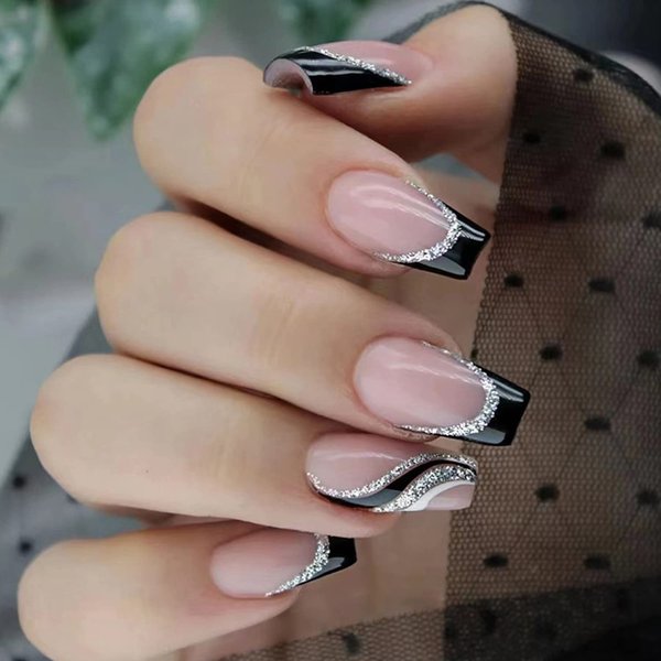 Black French Tip Press on Nails Medium Length Square Fake Nails with Silver Glitter Line Designs Glossy Coffin Nails Full Cover Nail Tips Glue on Nails Artificial Acrylic False Nails for Women 24Pcs