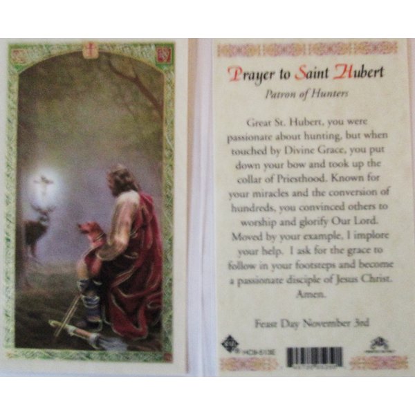 PRAYER TO SAINT HUBERT. PATRON SAINT OF HUNTERS. Laminated 2-Sided Holy Card (3 Cards per Order)