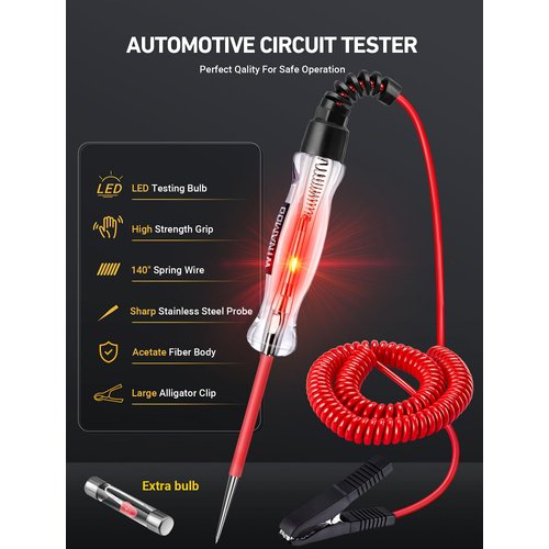 WINAMOO Professional LED Bulb Automotive Circuit Tester, 6-24V Test Light with Large Alligator Clip and 135IN PU Extended Wire, Light Tester Electrical Pen for Vehicle Circuits with Low DC Voltage