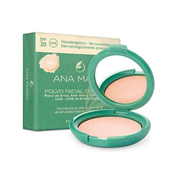 Ana Maria Maquillaje Cosmeticos | Polvo Facial Compacto Arroz Aloe Vera FPS 20 UVA | Make up Pressed Powder SPF 20 0.5oz-14gr (Perla | Pearl (2))