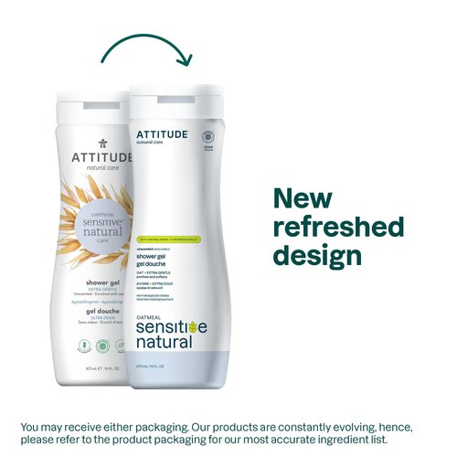 ATTITUDE Body Wash for Sensitive Skin with Oat, EWG Verified, Dermatologically Tested, Vegan, Extra Gentle, Unscented, 16 Fl Oz