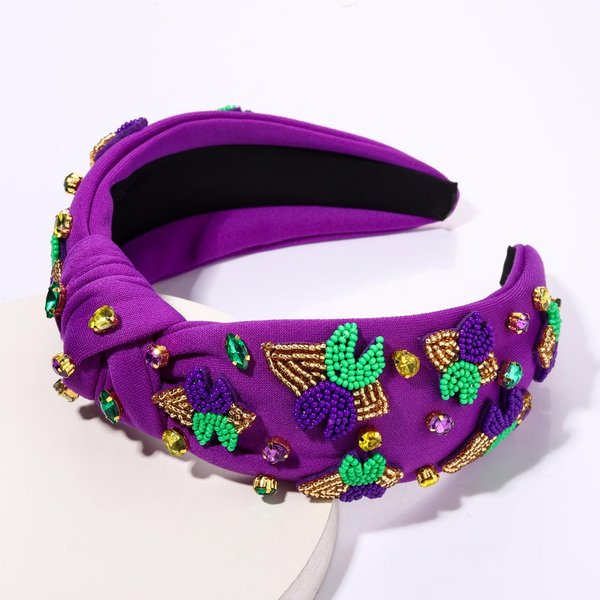 mokkia Mardi Gras Headband Accessories for Women Beaded Fleur De Lis Headband Purple Jeweled Rhinestone Knotted Headband Fat Tuesday Carnival Parade Headwear Mardi Gras Outfits (Fleur De Lis Purple)
