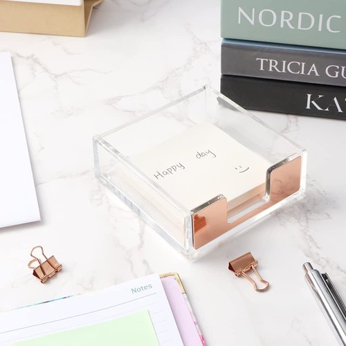 Rose Gold Sticky Note Holder Clear Post Note Holder Acrylic Memo Pad Holder Notpad Dispenser for Office Home School Elegant Desk Accessory