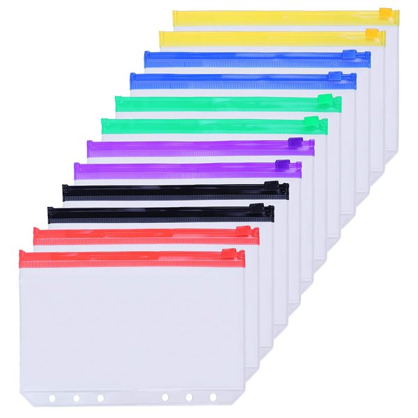 Antner 12PCS A5 Binder Pockets 6-Hole Budget Cash Envelopes for A5 6-Ring Binder, Multicolor Zipper Binder Pouches Panner Inserts Money Organizer Stuffing Envelopes for Savings Challenge Binder