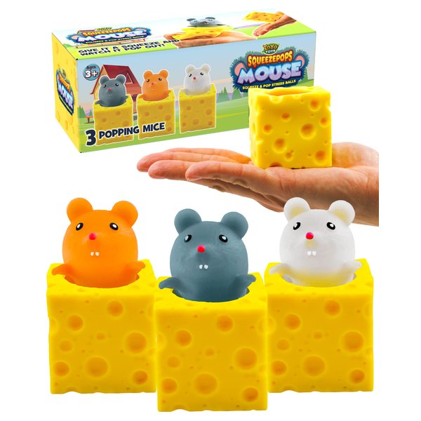 Yoya Toys Squeeze pops Mouse in Cheese Squishy - Squeeze Fidget Toy, Mouse Pop Up Fidget Toy - Stress Relief Plush, Squeeze Cheese - Autism/ADHD Cheese Wedge Toy - Set of 3 Popping Mice Toy