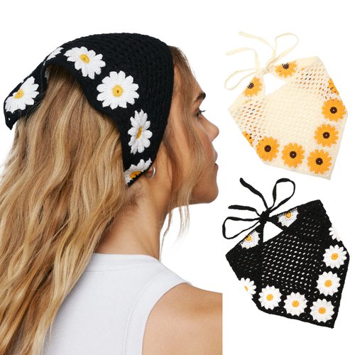 Molans Floral Crochet Daisy Print Knitted Hairbands and Vintage Hair Scarf 2PCS for Women Girls