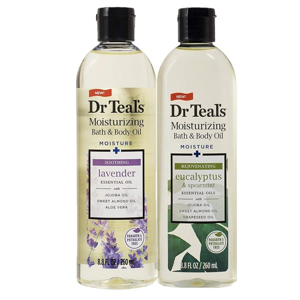Dr Teal's Bath & Body Oil Variety Gift Set (2 Pack, 8.8oz Ea.) - Soothing Lavender & Rejuvenating Eucalyptus & Spearmint - Essential Oils Hydrate Skin & Alleviates Daily Stress