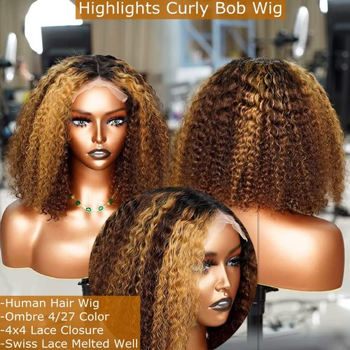 AliPearl Wig Highlight Curly Bob Lace Front Wigs Human Hair Pre Plucked with Bayby Hair 4x4 Lace Closure Bob Wigs for Black Women Human Hair Brazilian Virgin Glueless Colored Bob Lace Frontal Closure Wigs Ali Pearl Hair (10 Inch)