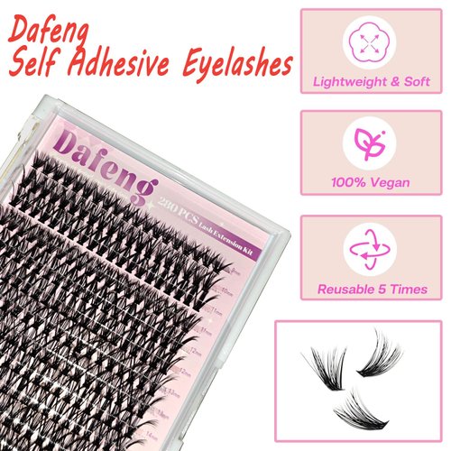 DaFeng Lash Clusters 280Pcs Eyelash Extension Kit 40D Curl 9-16mm Eyelash Clusters Lash Extension Kit, DIY Lash Extensions for Self Application at Home（280pcs-40D-0.07D-9-16MIX）