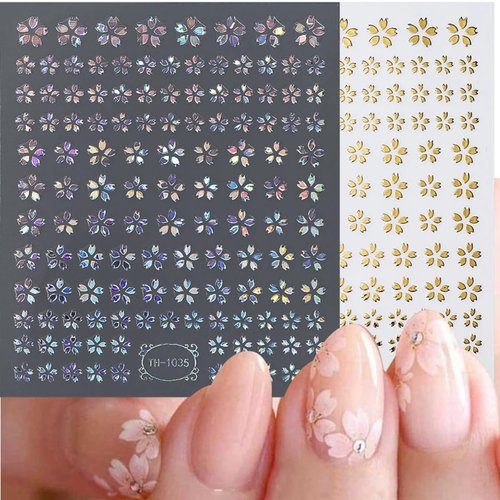 Flower Nail Art Stickers Decals Sliver Gold CheeryBlossom Nail Stickers 3D Laser Star Floral Spring Nail Art Decoration Supplies Adhesive Sliders Cherry Blossom Manicure Decals for Women Girls 6PCS