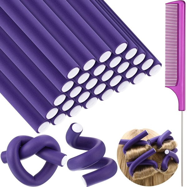 30 Flexible Twist Foam Hair Rollers, Steel Pintail Comb for Long and Short Hair (7 x 0.8 Inch, Purple)