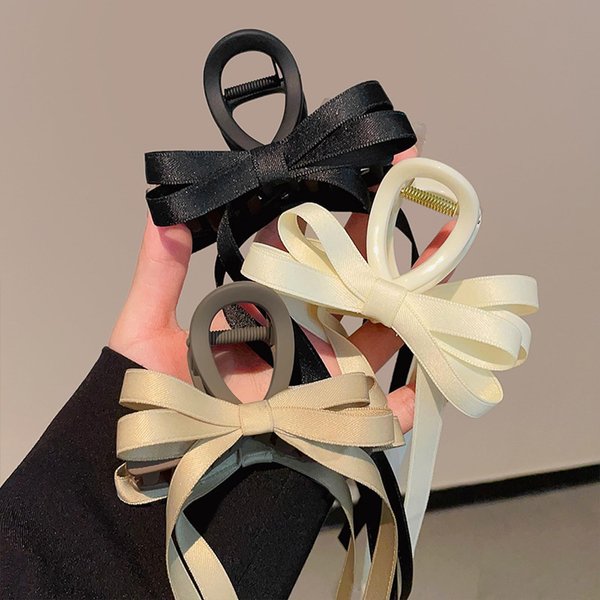 3Pcs Bow Claw Clips for Women Girls, TEBIEKOY Bow Hair Clips with Long Tail Tassel Ribbon Bow-knot Hair Clips Claw Barrettes Non-slip Hair Bow Hair Accessories