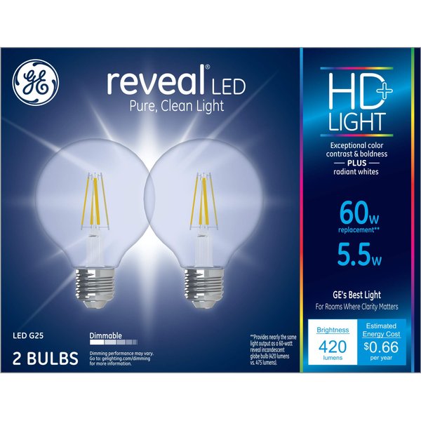 GE Reveal LED Light Bulbs, 60 Watt, G25 Globe Bulbs, Medium Base (2 Pack)