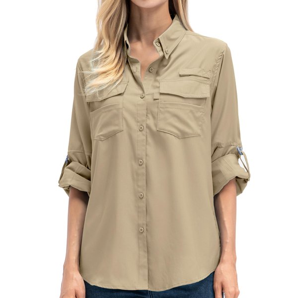Toomett Womens Safari Shirts quick dry UPF 50 fishing shirts lightweight SPF long sleeve sun protection shirts,F5026,Khaki,L