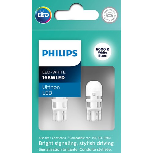 Philips Automotive Lighting 168WLED Ultinon LED Bulb (White), 2 Count (Pack of 1)