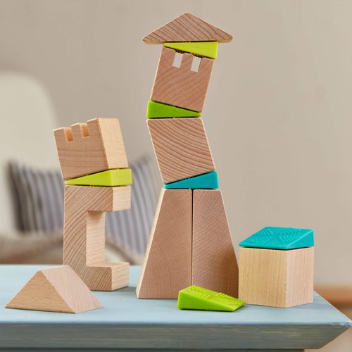 HABA Crooked Tower - 19 Wooden Blocks and 6 Wedges with Pattern Cards for Ages 4+(Made in Germany)