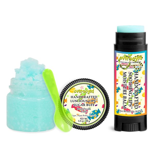 Boardwalk Taffy Soothing & Luscious Lips by OverSoyed Exfoliator & Chapped Lip Repair Lip Care Combo | Artisan Handcrafted to Order Orange Strawberry Coconut Green Apple Sweet Flavored Exfoliating Sugar Lip Scrub & Lip Moisturizer Balm Gift Set