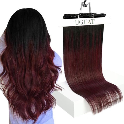 Ugeat Balayage Clip in Hair Extensions Black to Wine Red Hair Extensions Clip ins Real Human Hair Ombre Black to Burgundy Clip in Human Hair Extensions Full Head 16 Inch 7pcs 120g(105g Hair+15g Clips)