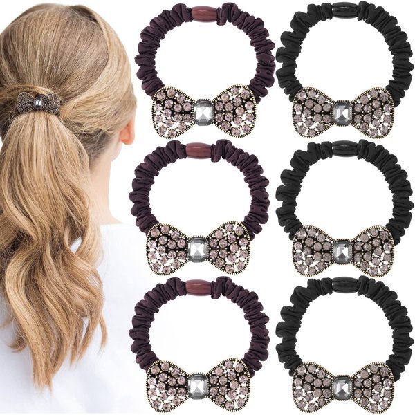 HINZIC 6PCS Rhinestone Bow Hair Ties, Elastic Ponytail Holder Crystal Bling Hair Scrunchies Stretchy Bands Hair Ring Accessorie Vintage Bracelet for Women Girls Headwear(Black, Brown)