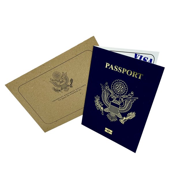 USA GOLD Foil Pretend Passport Scratch and Reveal Travel Ticket Surprise DIY Gift Card. Perfect for valentine, vacations, anniversary, birthday, family trips away!