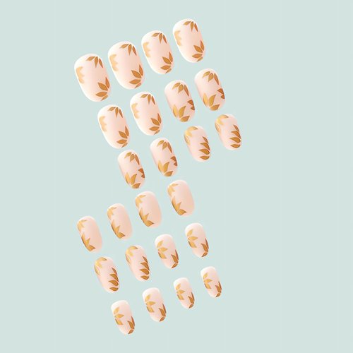 Gold Leaf Press on Nails Short Oval Fake Nails Golden False Nail Tips with Leaf Designs Full Cover Glue on Nails French Acrylic Nails Short Stick on Artificial Nails for Women Girls, 24Pcs
