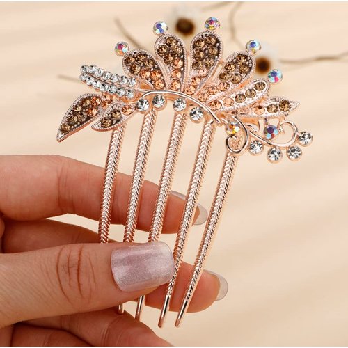 Missgrace Boho Prom Party Flower Floral Hair Combs Blue Pink Purple Bridal Wedding Shiny Hair Comb Crystal Rhinestones Women Hair Side Combs Hair Accessories for Women (Champagne)
