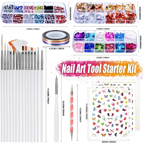 JOYJULY Nail Art Brushes Kit, 3D Nail Art Decorations Kit with Nail Dotting Tools Butterfly Nail Art Glitters Stickers Nail Art Rhinestones, Nail Foil, Nail Art Striping Tapes Nails Design Kit