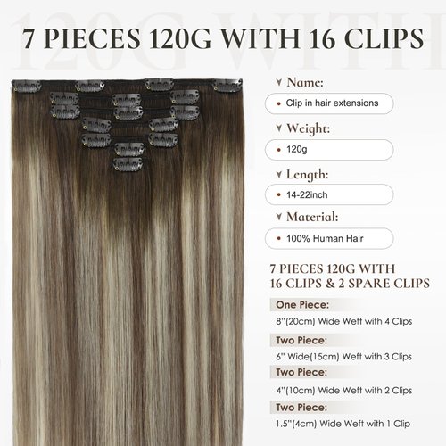 EYEFULL STELL Remy Human Hair Clip in Extensions for Women 18 inch 120G 7PCS Ombre Walnut Brown to Ash Brown Mix Light Blonde Balayage Clip ins Real Human Hair Extensions Straight Natural Clip on Hair