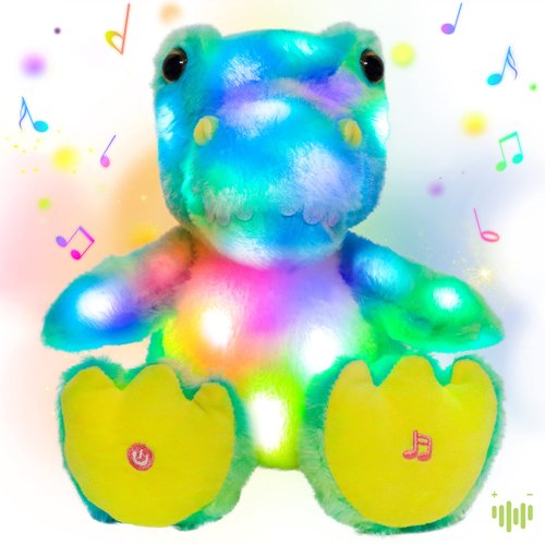 Hopearl LED Musical T-Rex Colorful Stuffed Dinosaur Lighting Up Singing Plush Toy Adjustable Volume Lullaby Animated Soothe Birthday Gifts for Kids Toddler Girls, Magical Green and Blue, 10''