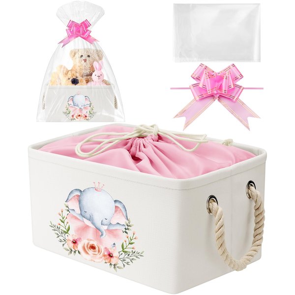 Pickmesh Rectangular Baby Storage Basket with Gift Bags and Ribbons, Baby Shower Storage Collapse Bin with Handles DIY Gift Basket for Nursery Room Decoration Toy Basket Birthday (Pink Elephant)
