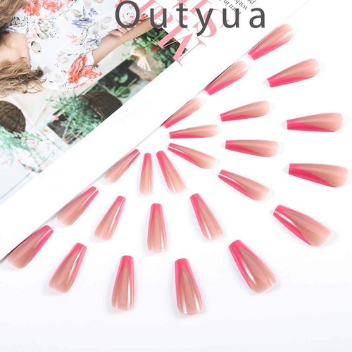 Outyua Hot Pink French Press on Nails with Designs Glossy Extra Long Fake Nails Coffin False Nails Full Cover Acrylic Nails 24Pcs (Glossy)