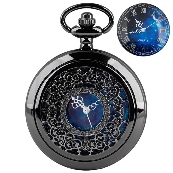 Tiong Exquise Starry Blue Hollow Case Quartz Pocket Watch Roman Numerals Retro Watches Souvenir Gift for Men Women