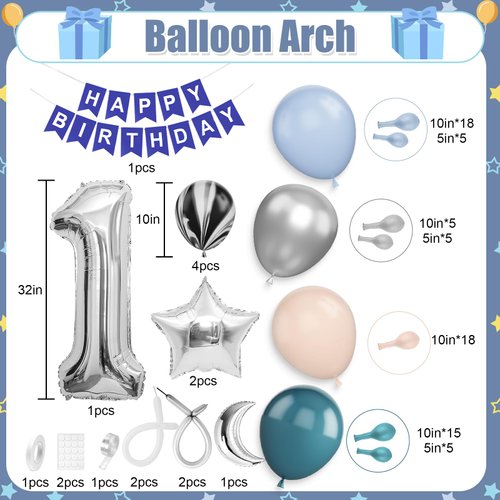 Space Theme 1st Birthday Party Decorations, First Trip Around The Sun Birthday Party Supplies, Space 1st Birthday Balloon Arch Star Moon Foil Balloons and Banner for Baby Shower Boy 1st Birthday