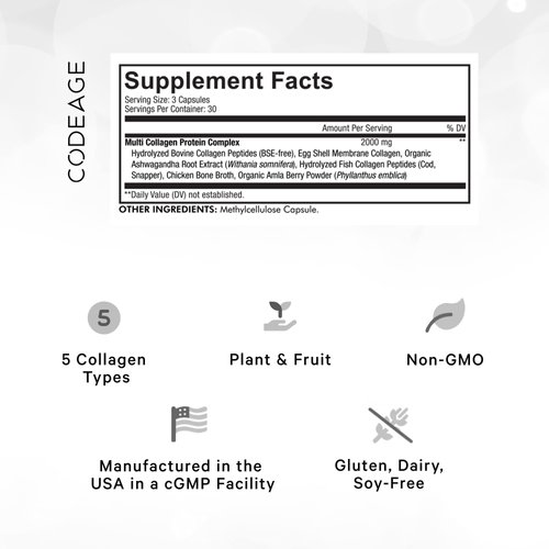 Codeage Multi Collagen Protein Capsules, Type I, II, III, V, X, Grass Fed & Hydrolyzed Collagen Pills Supplement, All in One Collagen, Bone Broth, Amla Berry Source of Vitamin C, Non-GMO - (2 Pack)