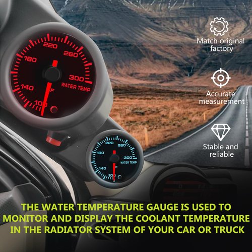 7 Color Water Temp Gauge, 100-300 F Water Coolant Temperature Gauge Kit 2-1/16" 52mm LED Backlight - Black Dial - Clear Lens - Monitoring and Displaying The Coolant Temperature in The Radiator System