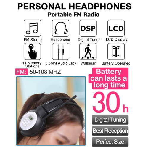 HanRongDa Radio Headphones Portable Stereo FM Radio with Best Reception, DSP Digital Personal Wireless Headset with Preset Stations, AA Battery Operated for Walking, Traveling, Jogging HRD-308