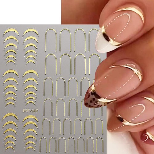 6 Sheets Metallic Nail Art Stickers Gold Silver French Nail Decals Nail Art Supplies 3D Metal Curve Stripe Wave Lines Nail Design French Nail Stickers for Women Acrylic Nails Decoration Accessories