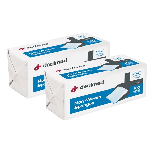 Dealmed 4" x 4" Non-Woven Gauze Sponges, 4-Ply All-Purpose Non-Sterile Gauze Pads, Absorbent Dental Gauze Wound Care for First Aid Kit/Medical Facilities, 200 Count (Pack of 2)