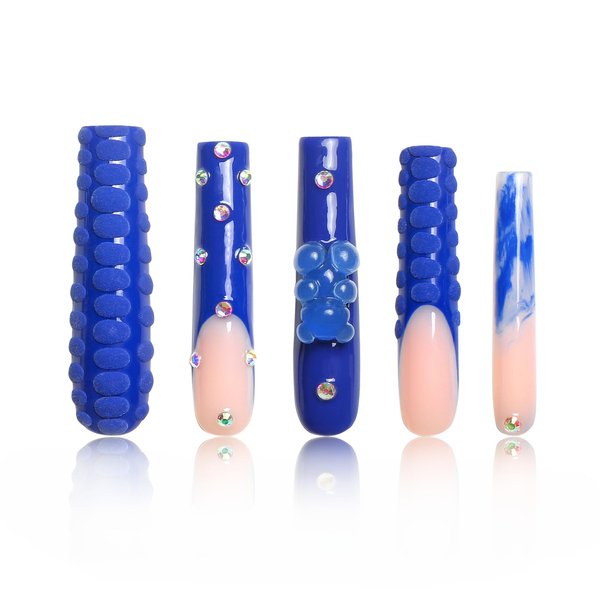 LOVFUL Press on Nails Little Blue Bear | Handmade with Full Covered Crystals | Reusable Fake Nails | 2.16in Long Square | H132-M