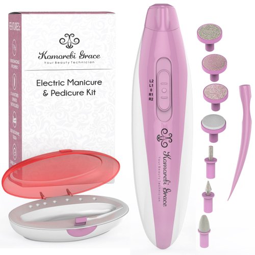 Electric Nail File Manicure & Pedicure Set: 2-Speed Battery Operated Nail File Kit w Portable Nail Drill Grinder, Buffer, Shaper, Polisher and Cuticle Pusher for Natural Finger Nails & Toe Nails Care