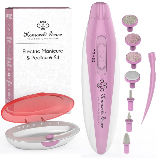 Electric Nail File Manicure & Pedicure Set: 2-Speed Battery Operated Nail File Kit w Portable Nail Drill Grinder, Buffer, Shaper, Polisher and Cuticle Pusher for Natural Finger Nails & Toe Nails Care