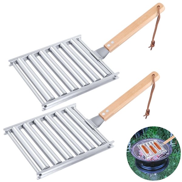 2Pcs Hot Dog Roller for Grill, Stainless Steel Sausage Roller Rack with Extra Long Wood Handle, BBQ Hot Dog Griller for Evenly Cooked Hot Dogs, 10 Hot Dog Capacity, 6.5 x 5.5 Inch