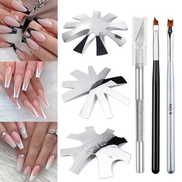 French Tip Cutter for Acrylic Nails, Lokyango 3pcs French Nail Cutter Manicure Edge Trimmer V Shape Cutter Easy Smile Line French Tip Tool with 2pcs Brush, 1pcs Cutting Knife, 5 Spare Blades