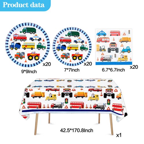 Traffic Cars Trucks Transportation Party Supplies Cars Paper Plates, Napkins, Tablecloth Transport Vehicle Theme Tableware Set Birthday Party Decorations for Boys Kids | Serves 20