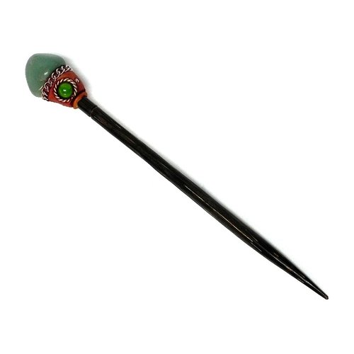 Natural Tumbled Healing Gemstone Crystal Chonta Wooden Hair Stick Long Pin for Buns Womens Fashion Handmade Gifts Boho Reiki Accessories (Green Aventurine)